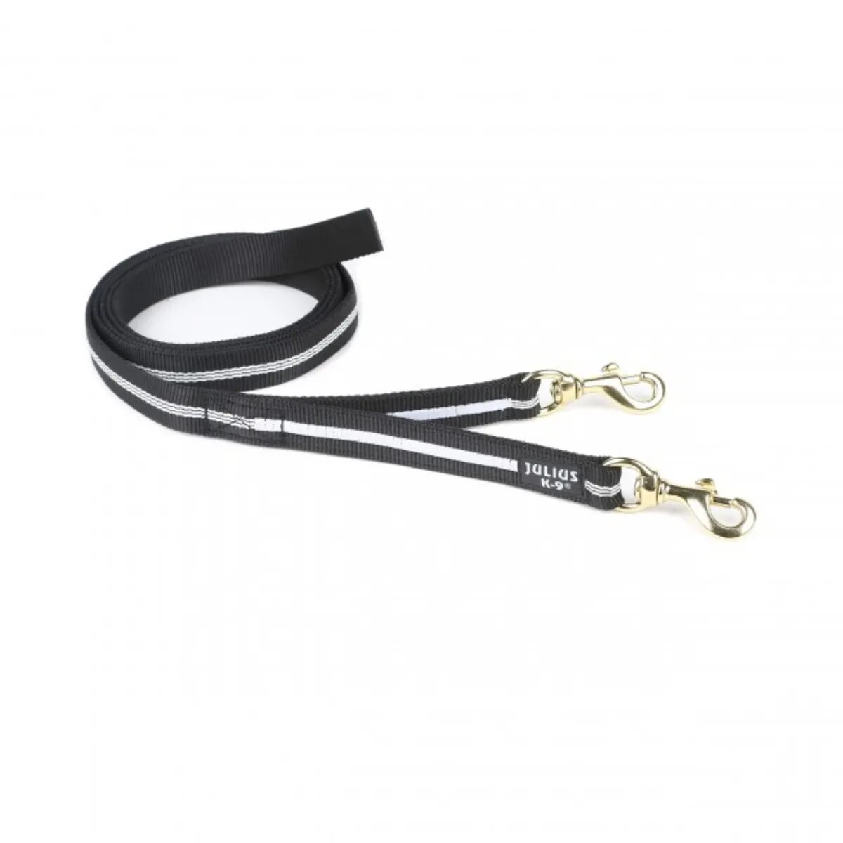 Julius-K9 IDC lesă Y dublă cu 2 carabine fără mâner câini nylon bandă 25mm x 2.2m negru