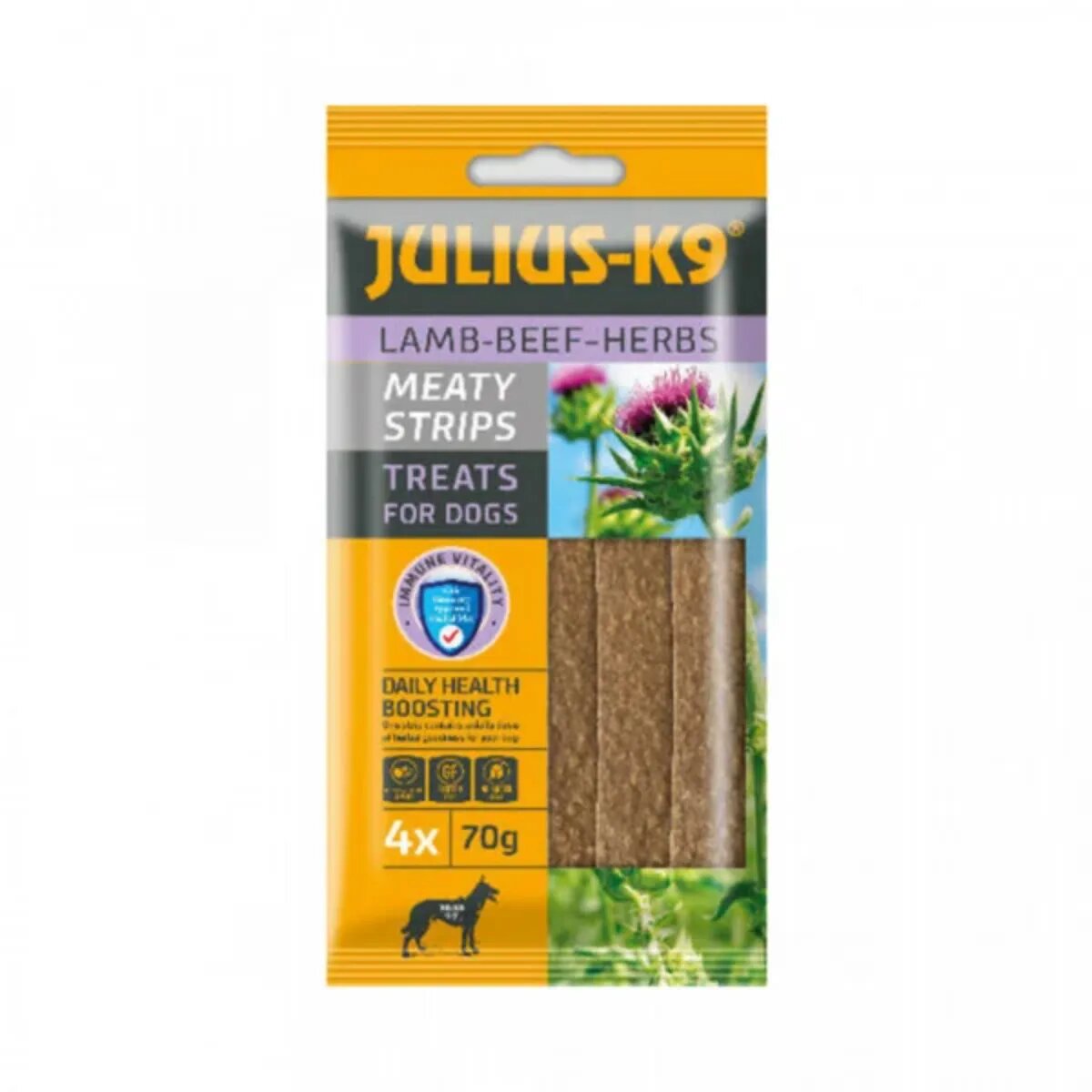Julius-K9 Meaty Strips XS-XL Miel și Vită punguță recompense fără cereale câini 70g