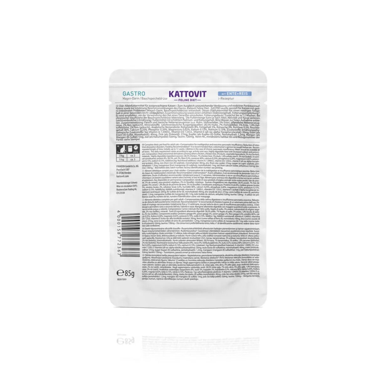 Kattovit Gastro Rață și Orez dietă veterinară plic hrană umedă pisici sistem digestiv (în sos) bax 85g x 24buc