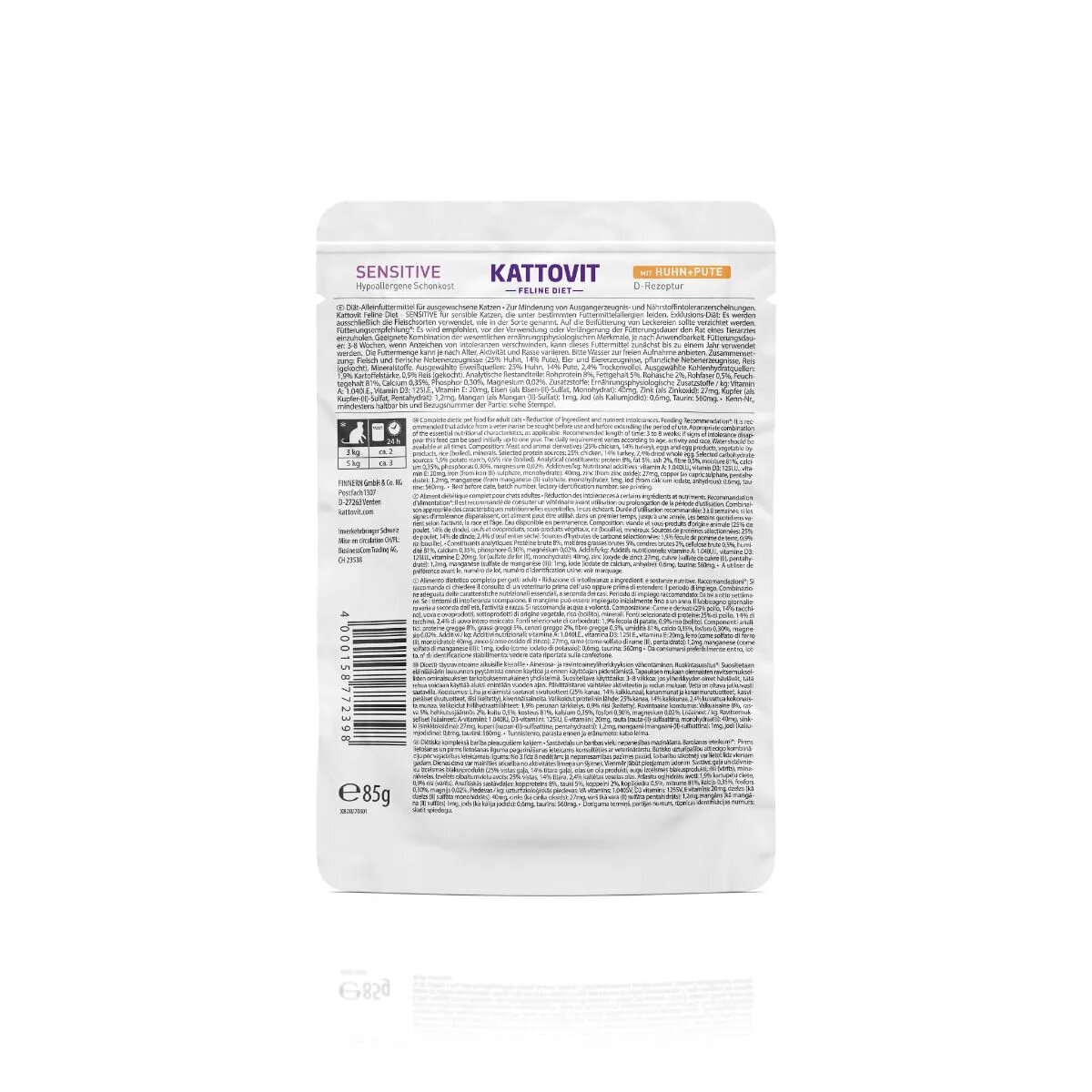 Kattovit Sensitive Pui și Curcan dietă veterinară plic hrană umedă pisici alergii (în sos) 85g