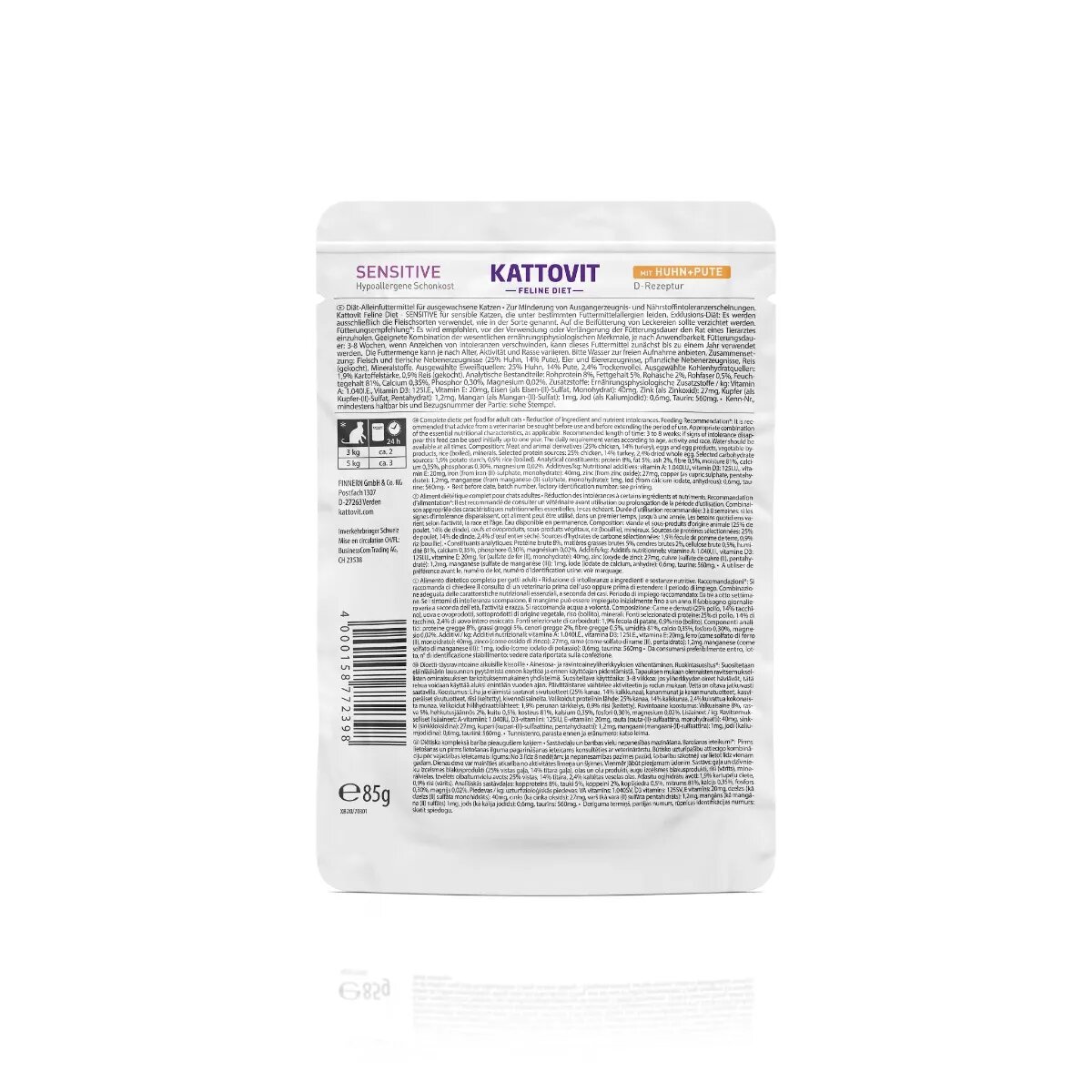 Kattovit Sensitive Pui și Curcan dietă veterinară plic hrană umedă pisici alergii (în sos) bax 85g x 24buc