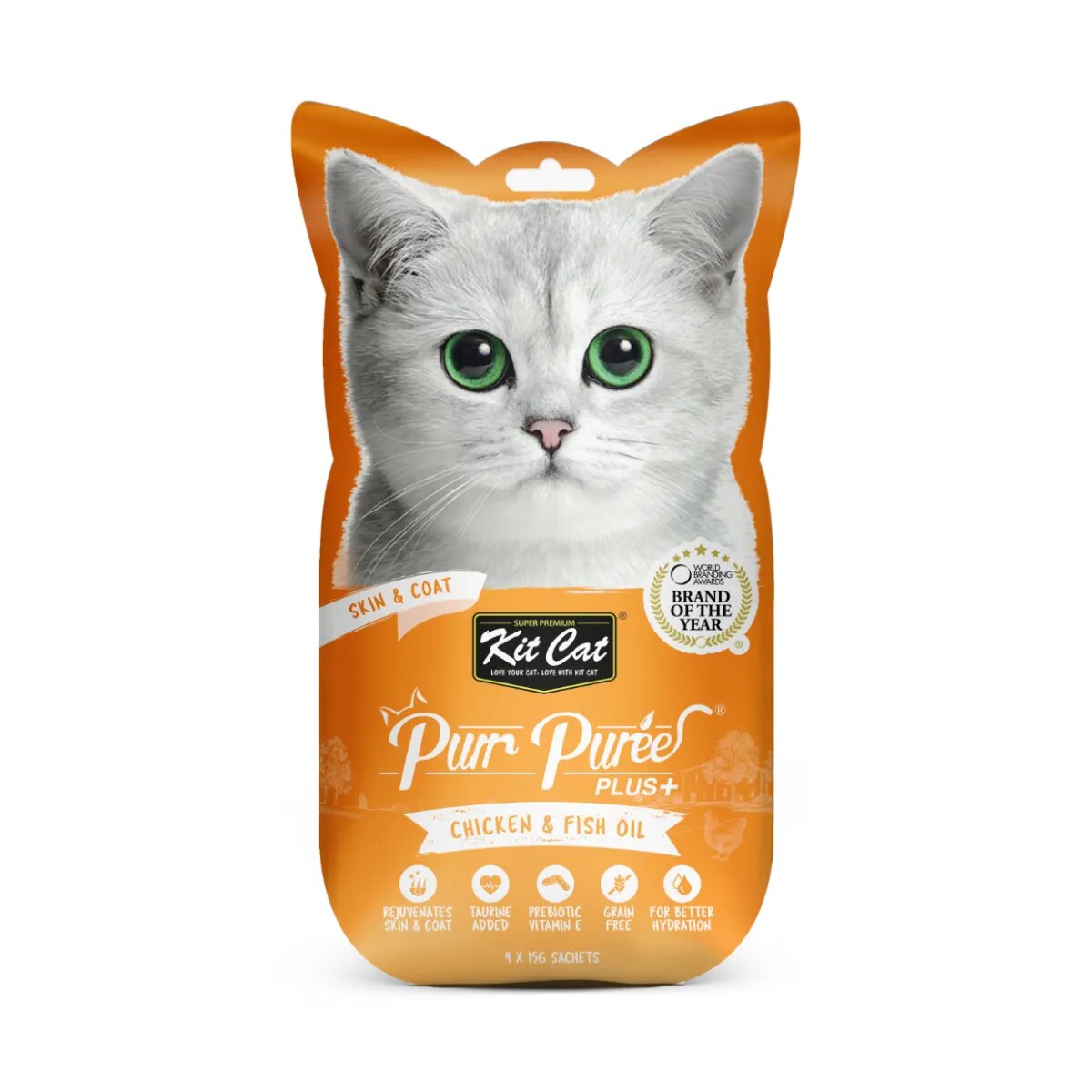 KIT CAT Purr Puree Plus Skin & Coat Pui plic punguță recompense funcționale fără cereale pisici piele & blană 15g x 4buc