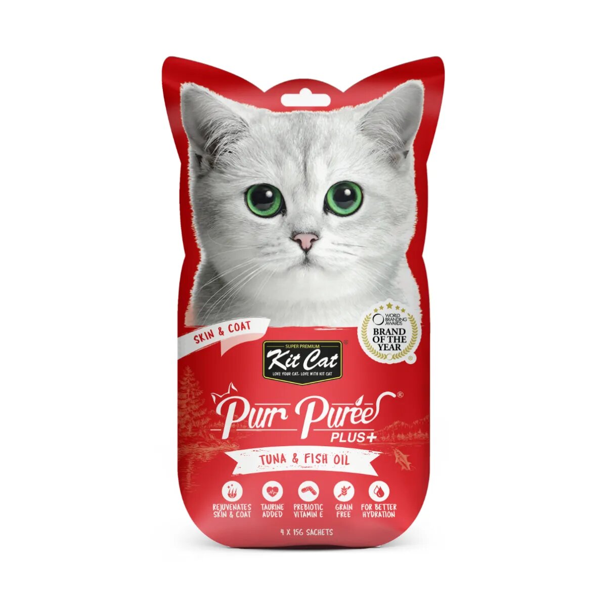 KIT CAT Purr Puree Plus Skin & Coat Ton plic punguță recompense funcționale fără cereale pisici piele & blană (piure) 15g x 4buc