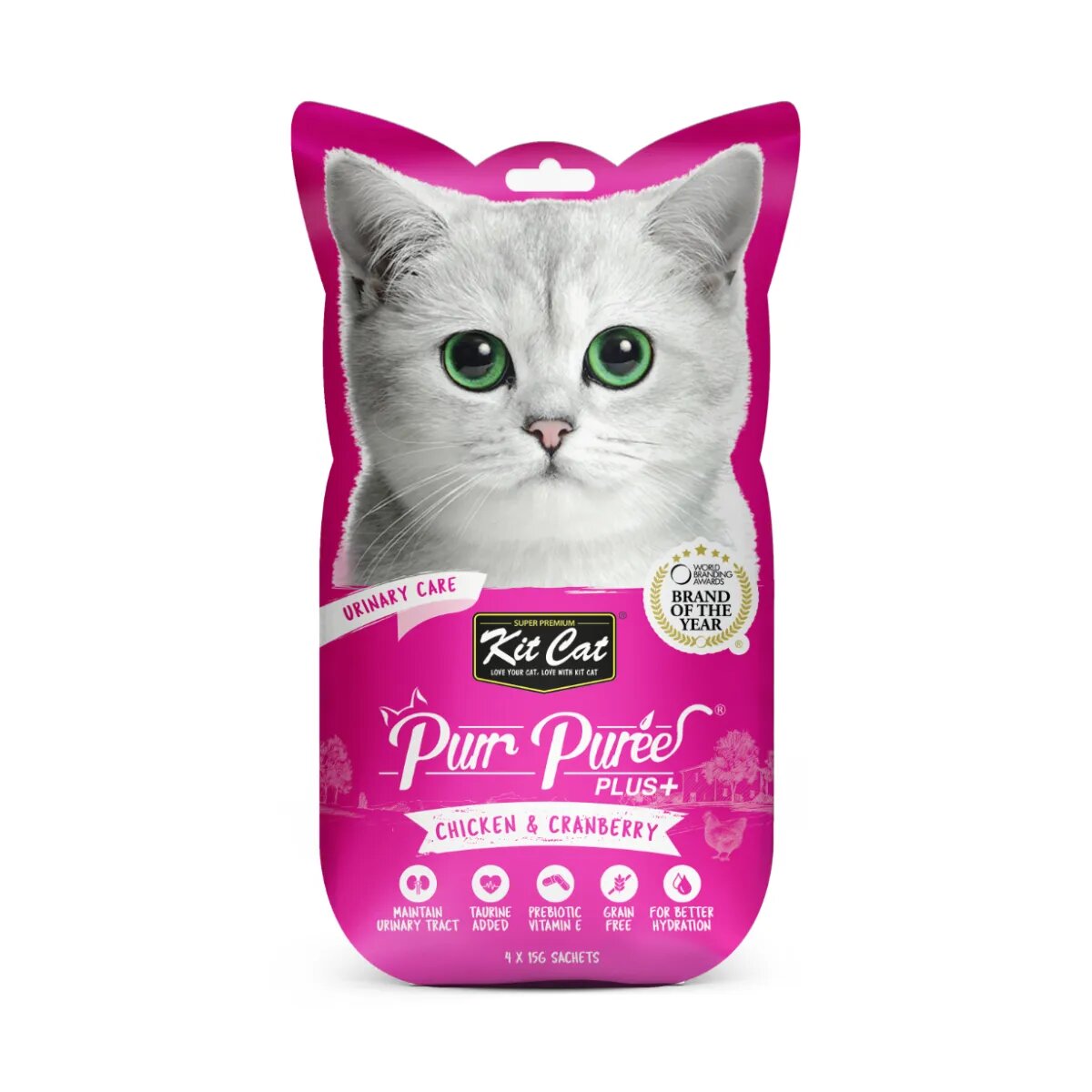 KIT CAT Purr Puree Plus Urinary Care Pui plic punguță recompense funcționale fără cereale pisici sistem urinar (piure) 15g x 4buc