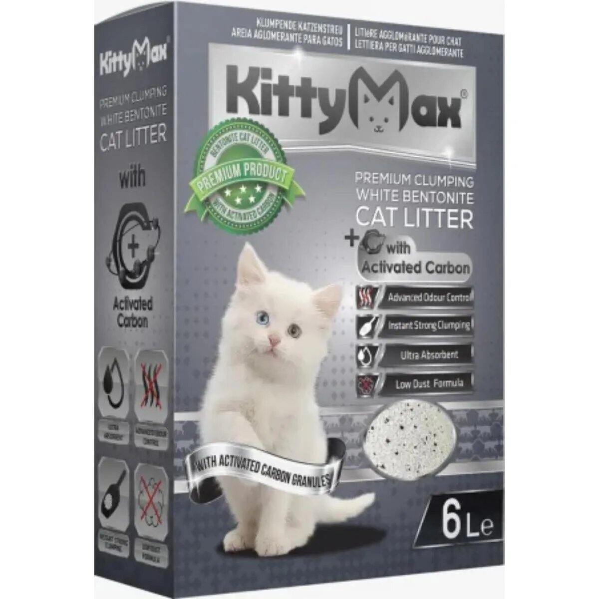 KittyMax Active Carbon neparfumat așternut igienic pisici granule bentonită aglomerant fără praf 6l