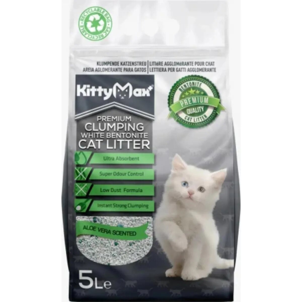 KittyMax Aloe Vera așternut igienic pisici granule bentonită aglomerant fără praf 5l