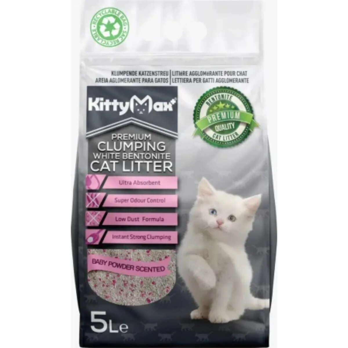 KittyMax Talc așternut igienic pisici granule bentonită aglomerant fără praf 5l