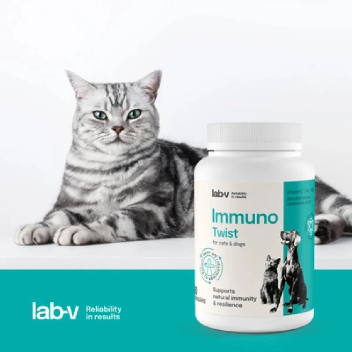 LAB-V Immuno Twist XS-XL supliment sistem imunitar câini și pisici flacon 60 capsule