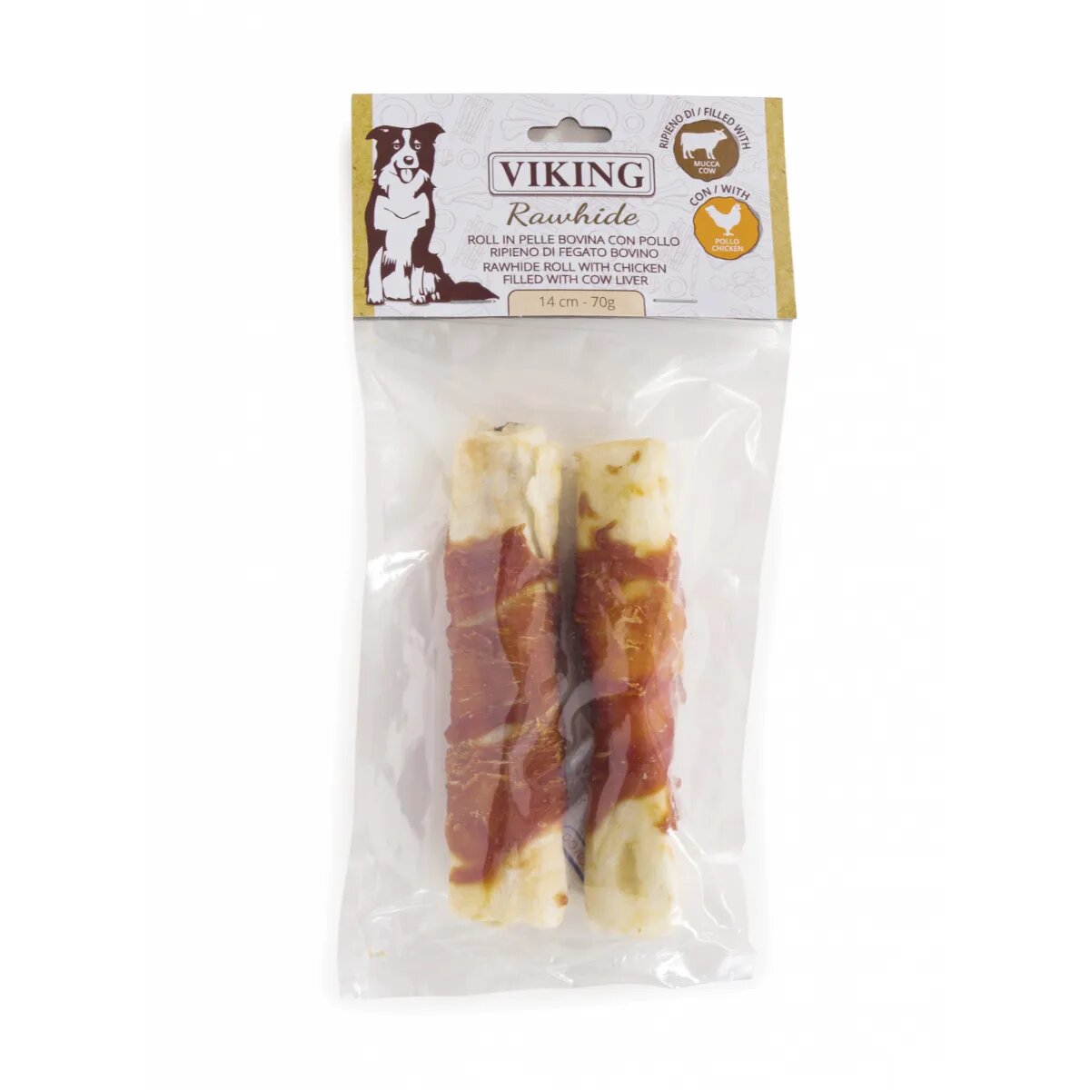 Leopet Viking Rawhide Roll Filled M-L Pui și Ficat de Vită punguță recompense fără cereale câini 70g