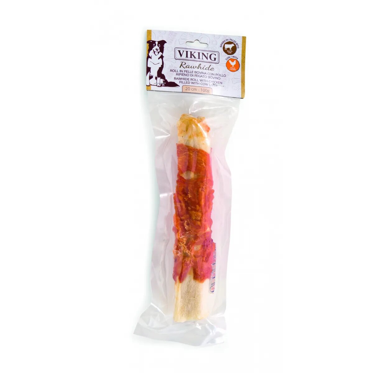 Leopet Viking Rawhide Roll Filled M-XL Pui și Ficat de Vită punguță recompense fără cereale câini 100g