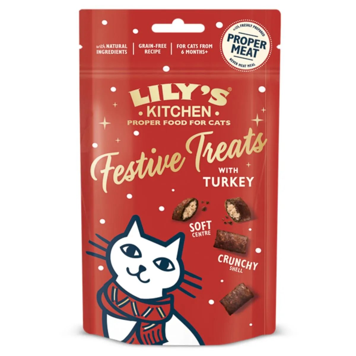 LILY'S KITCHEN Christmas Festive Pillow Treats Curcan punguță recompense fără cereale pisici 60g