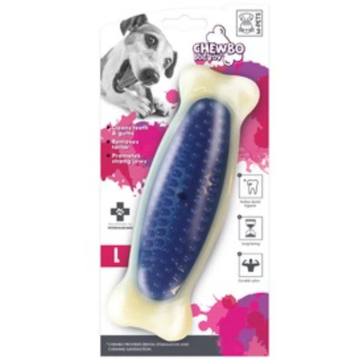 M-PETS Chewbo Bone jucărie de ros aromă Bacon câini dentiție cauciuc Chewbo Bone jucărie de ros aromă Bacon câini M-L dentiție cauciuc alb și albastru 20cm