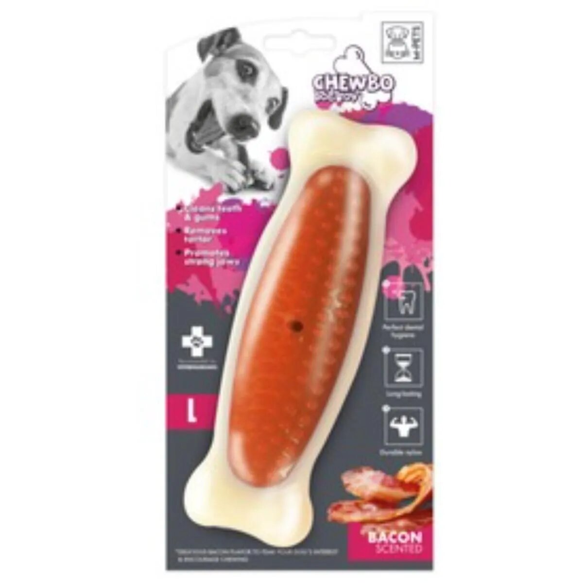 M-PETS Chewbo Bone jucărie de ros aromă Bacon câini dentiție cauciuc Chewbo Bone jucărie de ros aromă Bacon câini M-L dentiție cauciuc alb și portocaliu 20cm