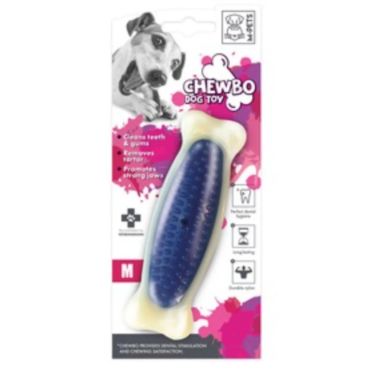 M-PETS Chewbo Bone jucărie de ros aromă Bacon câini dentiție cauciuc Chewbo Bone jucărie de ros aromă Bacon câini S-M dentiție cauciuc alb și albastru 14cm