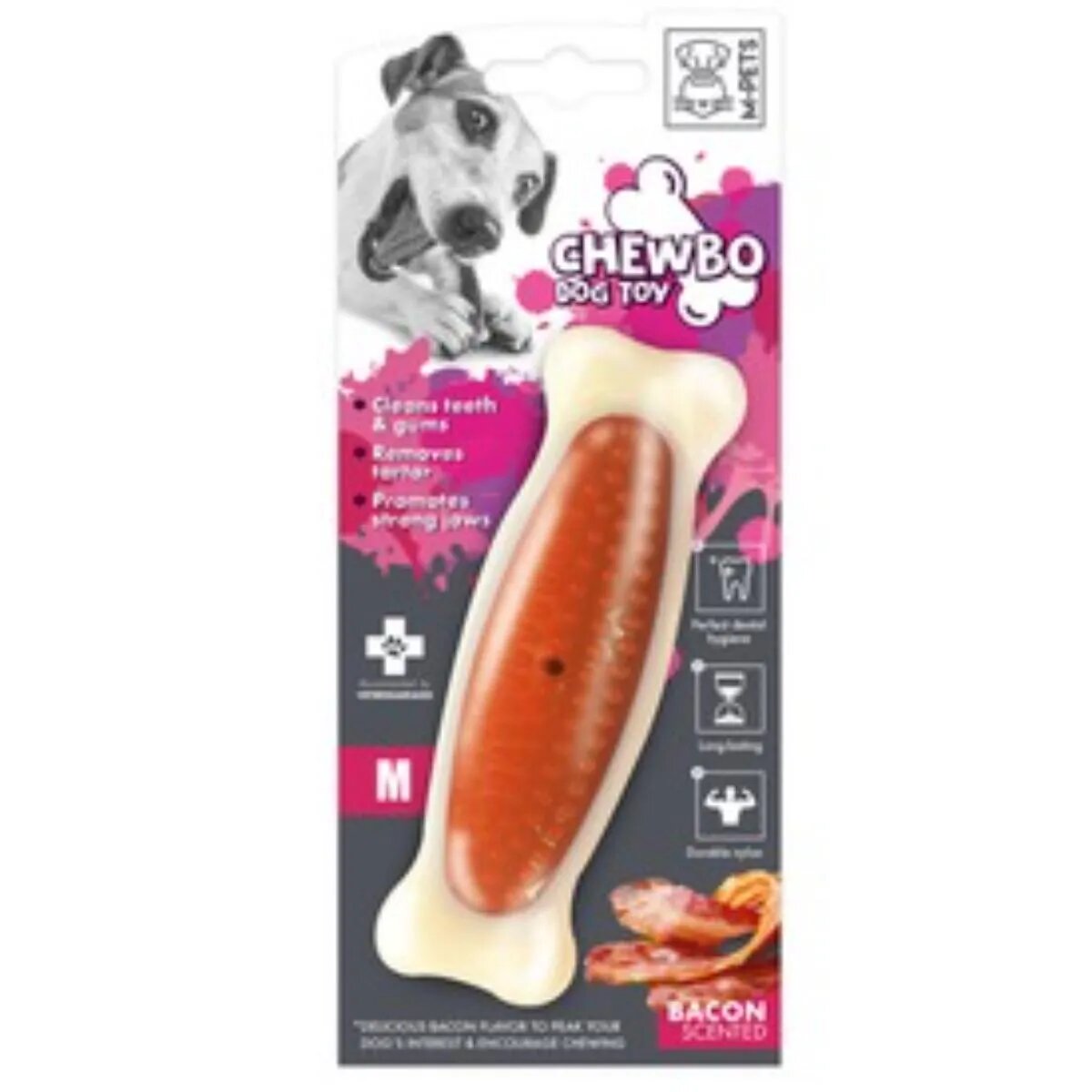 M-PETS Chewbo Bone jucărie de ros aromă Bacon câini dentiție cauciuc Chewbo Bone jucărie de ros aromă Bacon câini S-M dentiție cauciuc alb și portocaliu 14cm