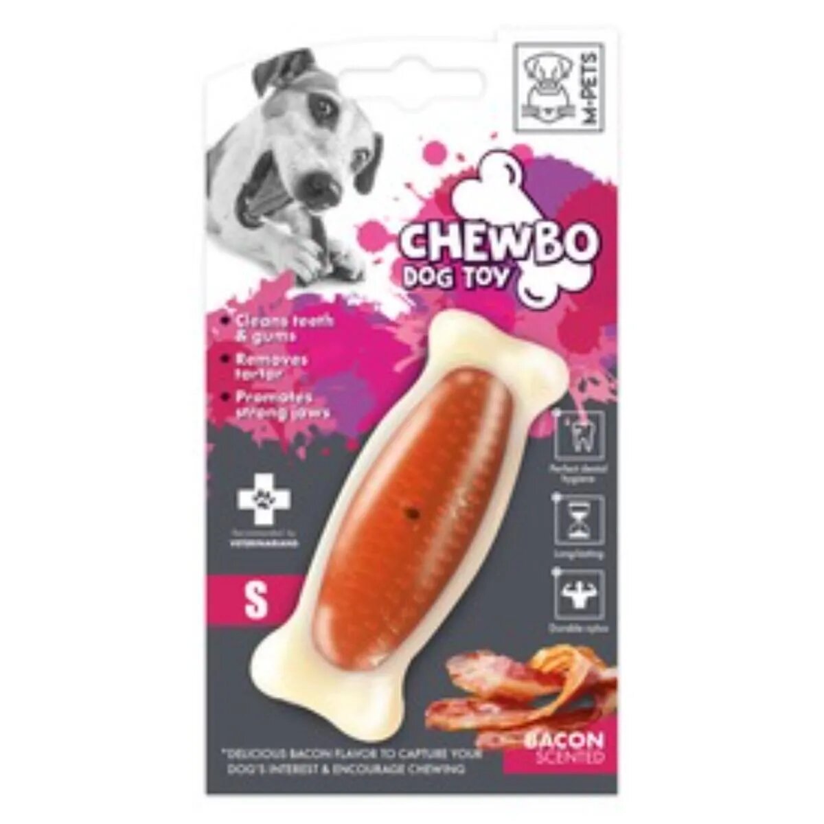 M-PETS Chewbo Bone jucărie de ros aromă Bacon câini dentiție cauciuc Chewbo Bone jucărie de ros aromă Bacon câini XS-S dentiție cauciuc alb și portocaliu 10cm