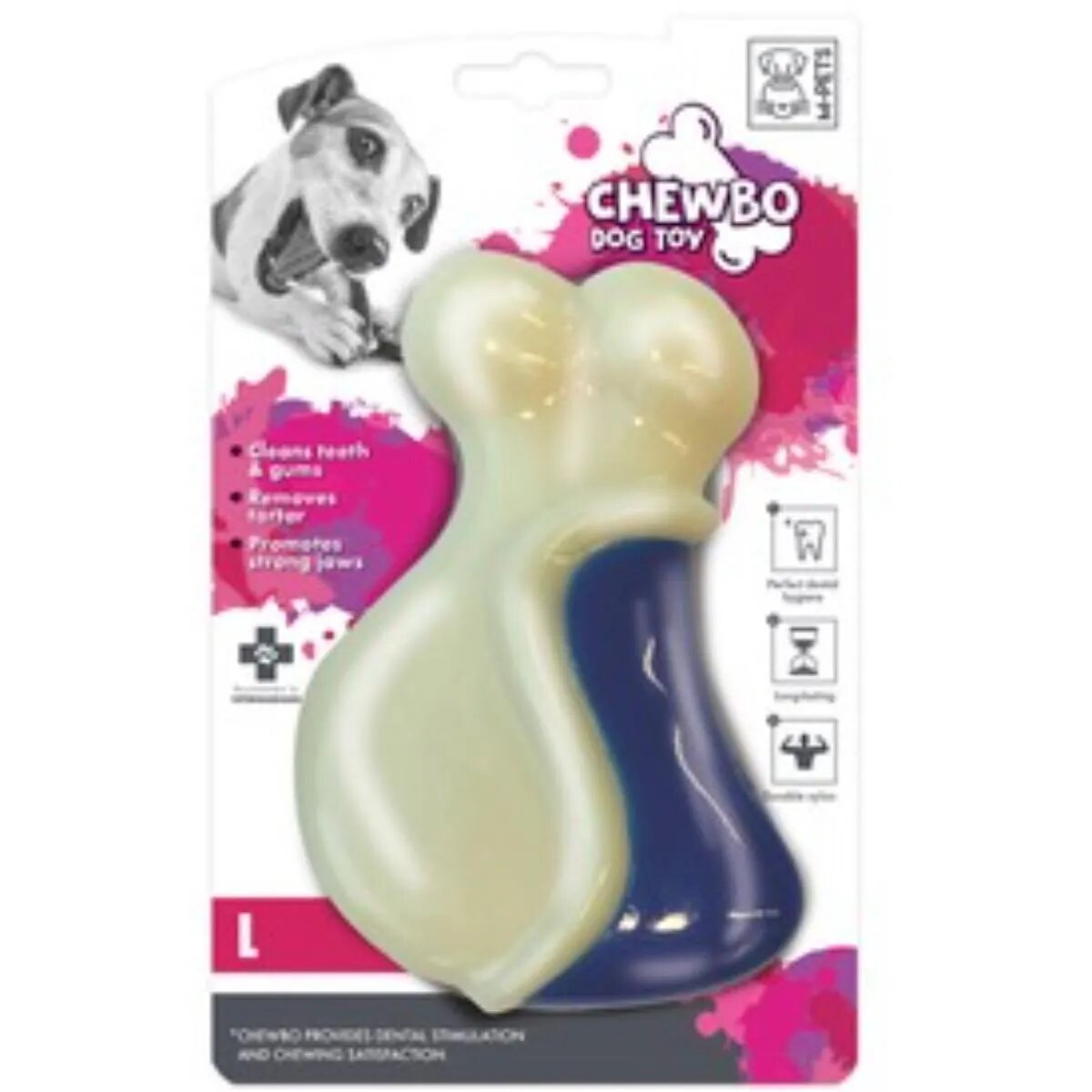 M-PETS Chewbo Leg jucărie de ros aromă Bacon câini dentiție cauciuc Chewbo Leg jucărie de ros aromă Bacon câini M-L dentiție cauciuc alb și albastru 9.3cm