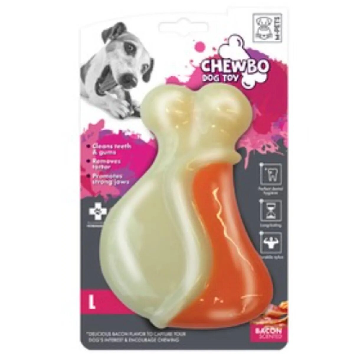 M-PETS Chewbo Leg jucărie de ros aromă Bacon câini dentiție cauciuc Chewbo Leg jucărie de ros aromă Bacon câini M-L dentiție cauciuc alb și portocaliu 9.3cm
