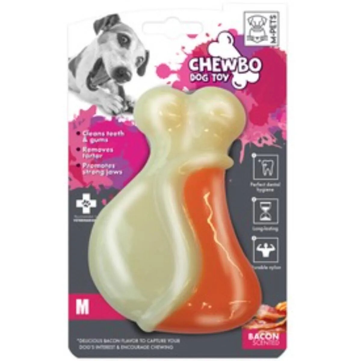 M-PETS Chewbo Leg jucărie de ros aromă Bacon câini dentiție cauciuc Chewbo Leg jucărie de ros aromă Bacon câini S-M dentiție cauciuc alb și portocaliu 7.8cm