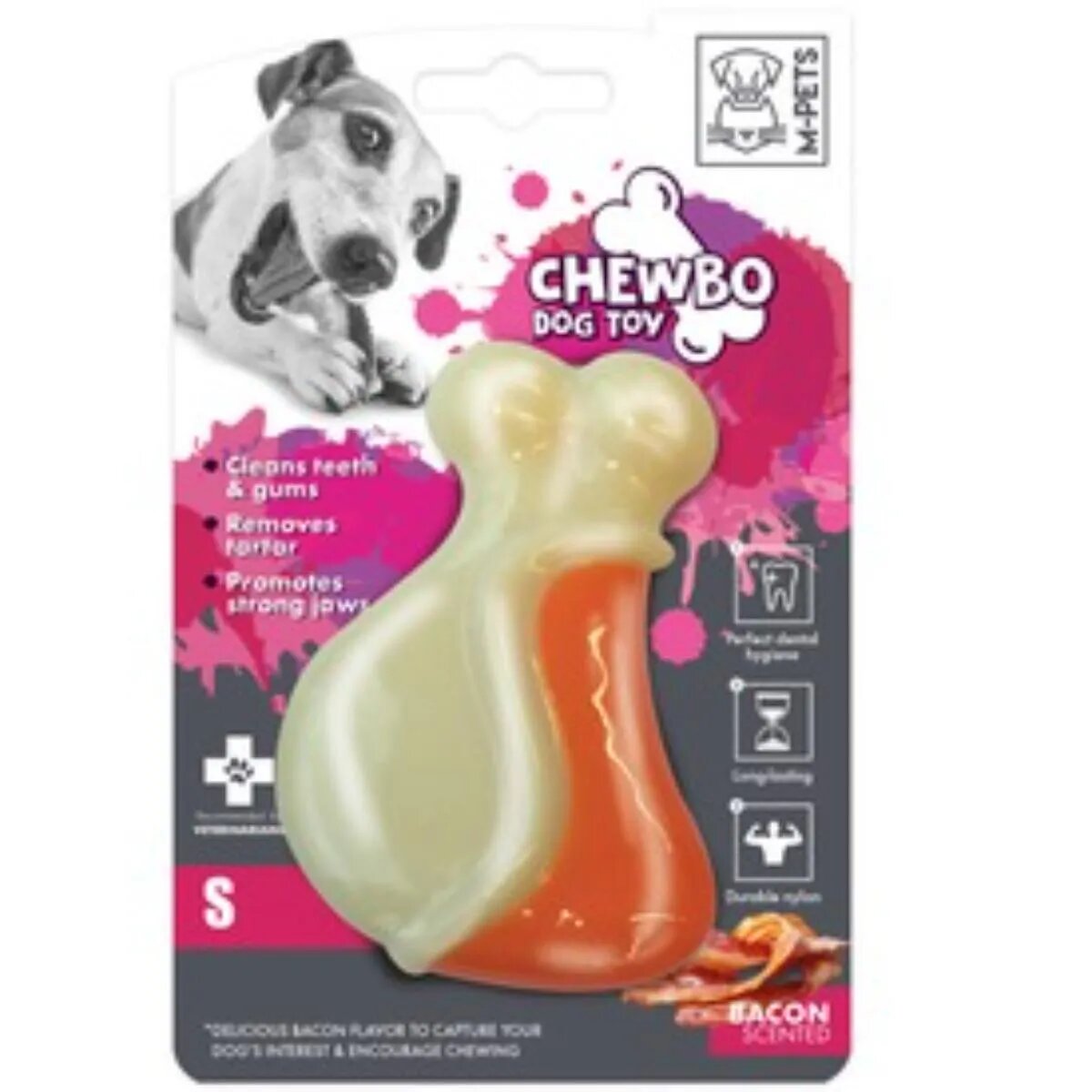 M-PETS Chewbo Leg jucărie de ros aromă Bacon câini dentiție cauciuc Chewbo Leg jucărie de ros aromă Bacon câini XS-S dentiție cauciuc alb și portocaliu 6.3cm