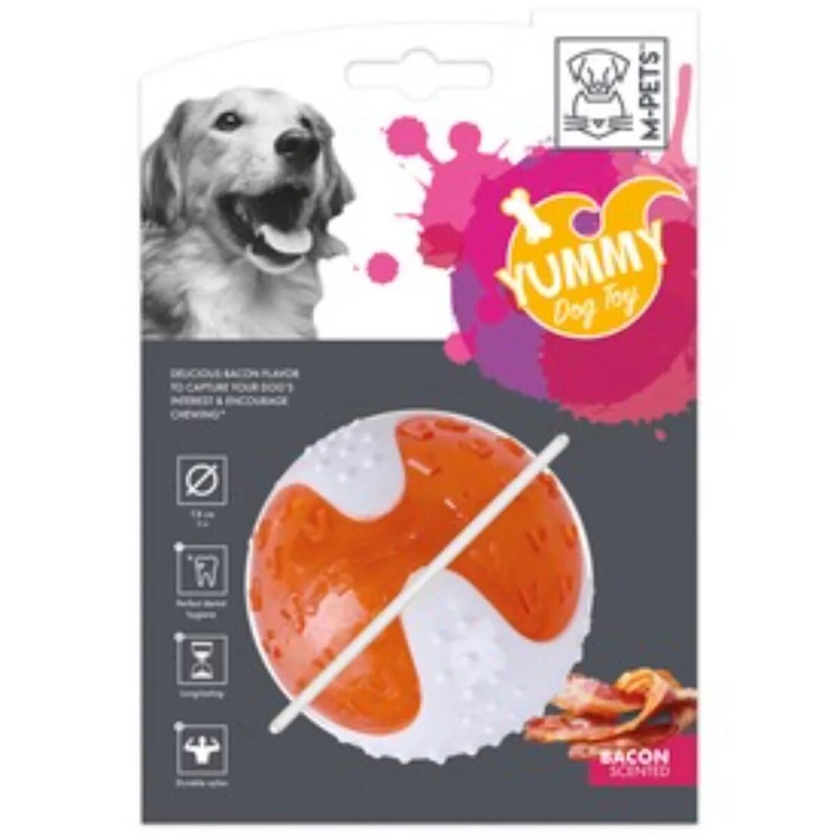 M-PETS Yummy Toy jucărie minge aromă Bacon câini S-L dentiție cauciuc alb și portocaliu ⌀7.8cm