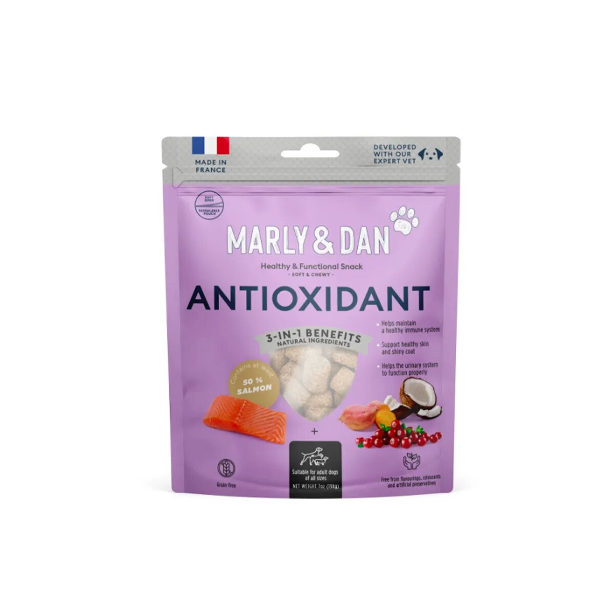MARLY&DAN Antioxidant XS-XL Somon punguță recompense funcționale fără cereale câini activitate intensă 100g