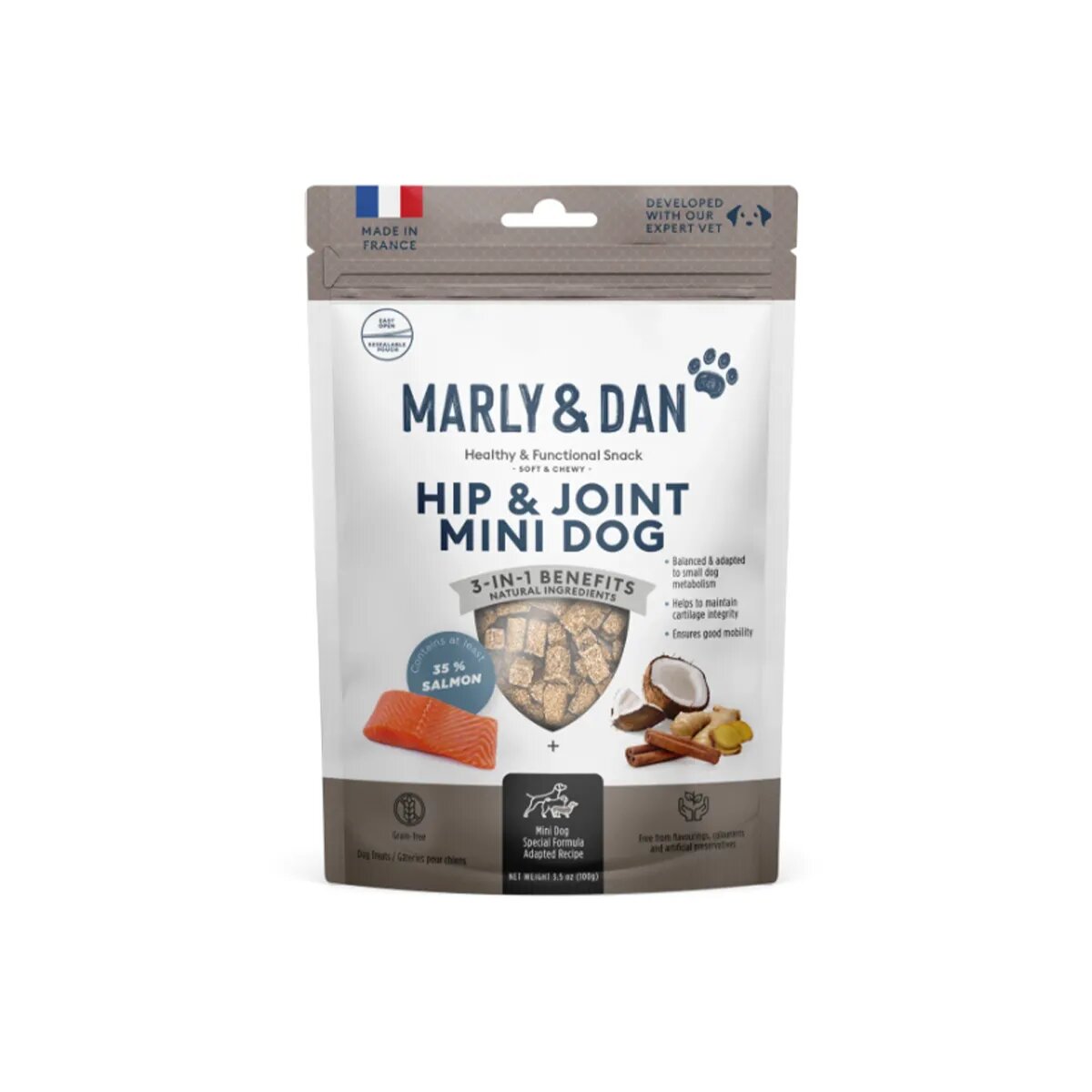 MARLY&DAN Hip&Joint Mini Dog XS-S Somon punguță recompense funcționale fără cereale câini sistem articular 50g