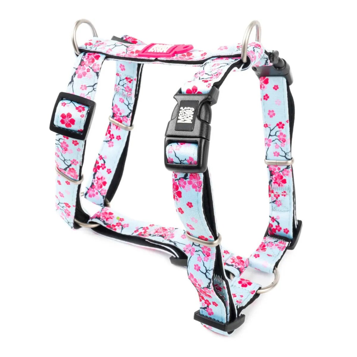 MAX & MOLLY Cherry Bloom ham prindere dublă(piept&spate) câini poliester bleu și roz cataramă trident S(43-53 x 1.5cm)