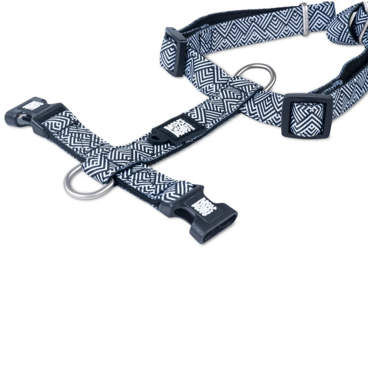 MAX & MOLLY Mykonos Black ham prindere dublă(piept&spate) câini ajustabil poliester alb și negru cataramă trident M(59-72 x 2cm)