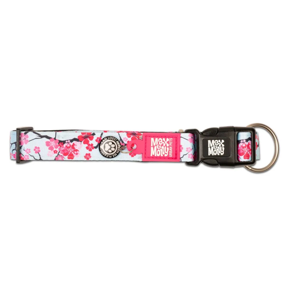 MAX & MOLLY Smart ID Cherry Bloom zgardă câini ajustabilă poliester bleu și roz cataramă trident S(28-45 x 1.5cm)