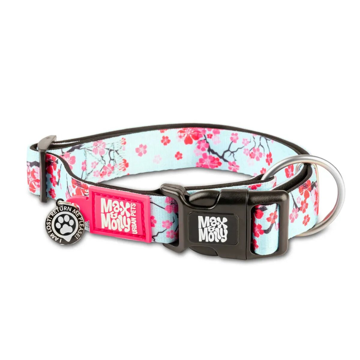 MAX & MOLLY Smart ID Cherry Bloom zgardă câini ajustabilă poliester bleu și roz cataramă trident XS(22-35 x 1cm)