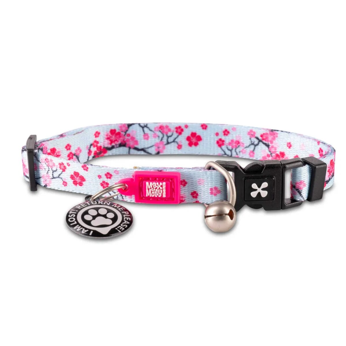 MAX & MOLLY Smart ID Cherry Bloom zgardă pisici ajustabilă poliester bleu și roz cataramă trident 22-35 x 1cm