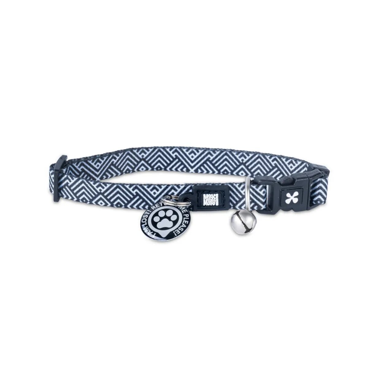 MAX & MOLLY Smart ID Mykonos Black zgardă pisici ajustabilă poliester alb și negru cataramă trident 22-35 x 1cm