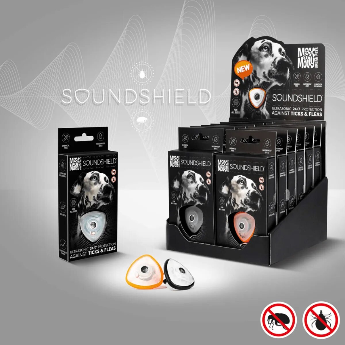 MAX & MOLLY Soundshield Ultrasonic Technology Ticks & Fleas accesoriu antiparazitar câini dispozitiv ultrasunete repelent Soundshield Ultrasonic Technology Ticks & Fleas accesoriu antiparazitar câini XS-XL dispozitiv ultrasunete repelent