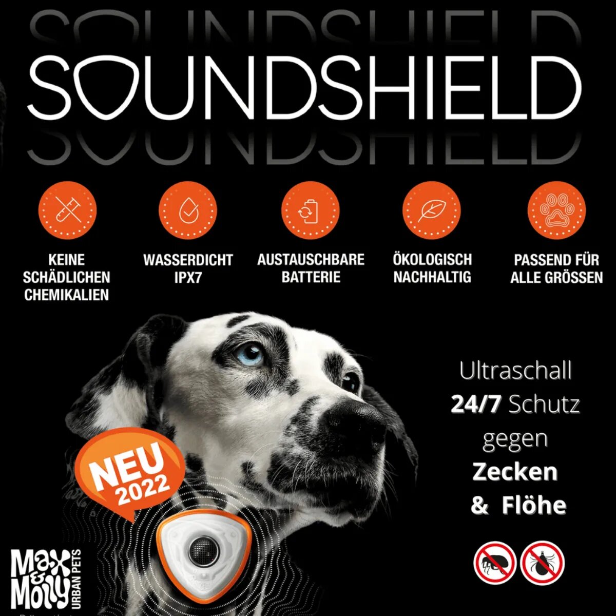 MAX & MOLLY Soundshield Ultrasonic Technology Ticks & Fleas accesoriu antiparazitar câini dispozitiv ultrasunete repelent Soundshield Ultrasonic Technology Ticks & Fleas accesoriu antiparazitar câini XS-XL dispozitiv ultrasunete repelent