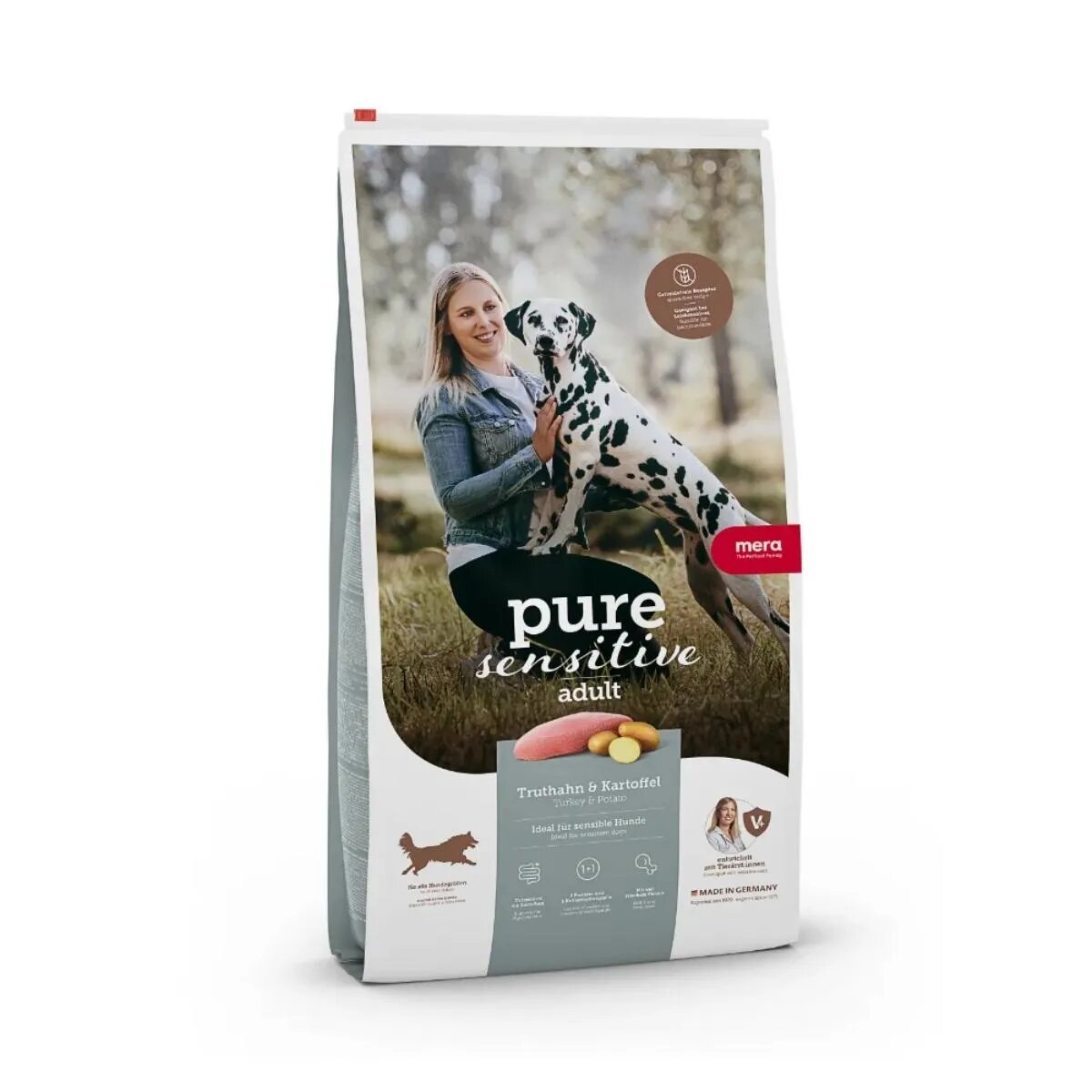 MERA Pure Sensitive Adult Medium Maxi M-XL Curcan și Cartofi hrană uscată fără cereale câini alergii 12.5kg
