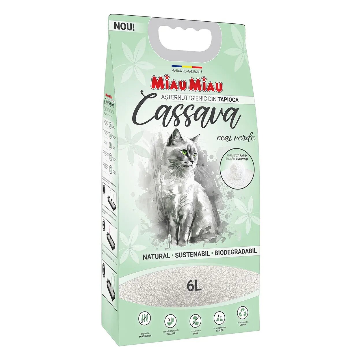 MIAU MIAU Cassava ceai verde așternut igienic pisici granule tapioca aglomerant ecologic biodegradabil 6l Cassava neparfumat așternut igienic pisici granule tapioca aglomerant ecologic biodegradabil 6l