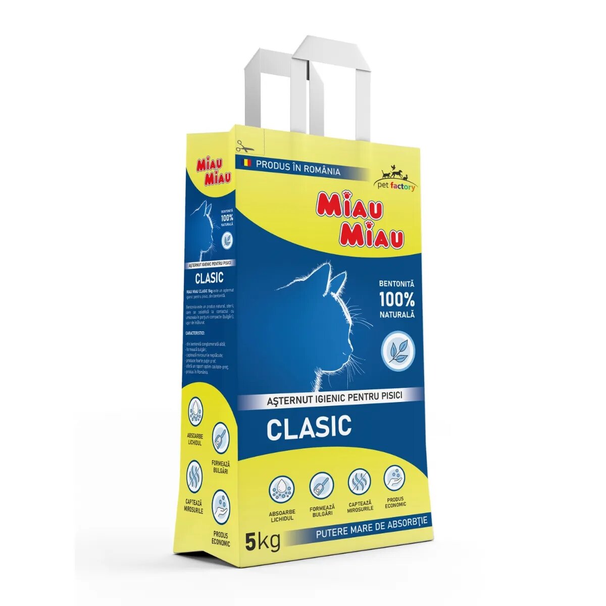 MIAU MIAU Clasic neparfumat așternut igienic pisici granule bentonită aglomerant neutralizare mirosuri 5kg