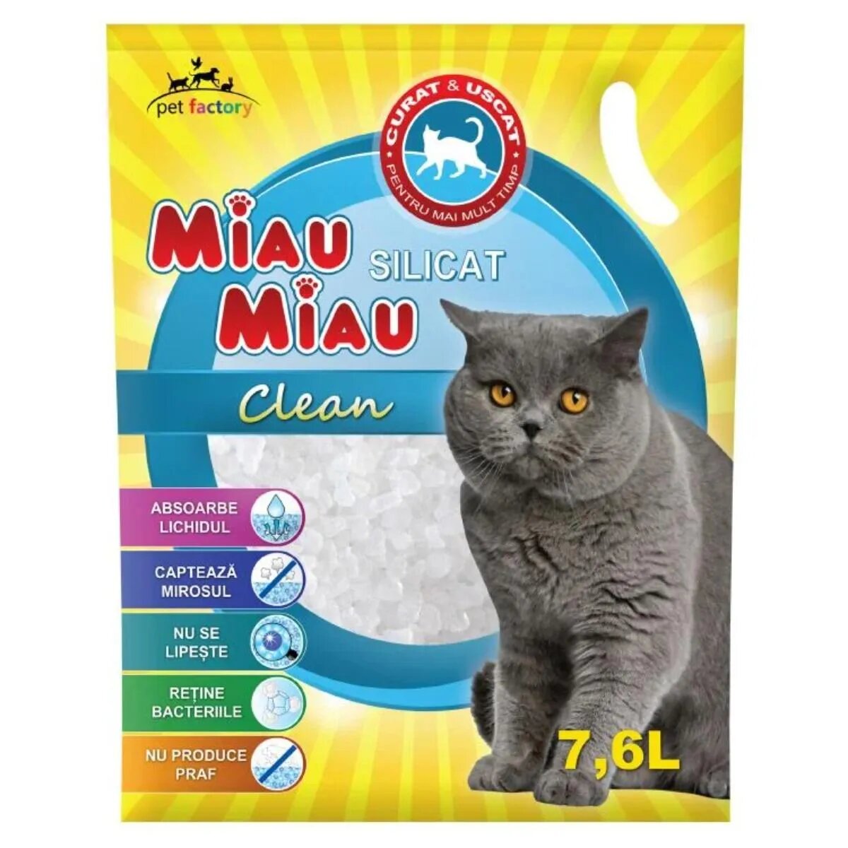 MIAU MIAU Clean neparfumat așternut igienic pisici granule silicat neaglomerant neutralizare mirosuri 7.6l