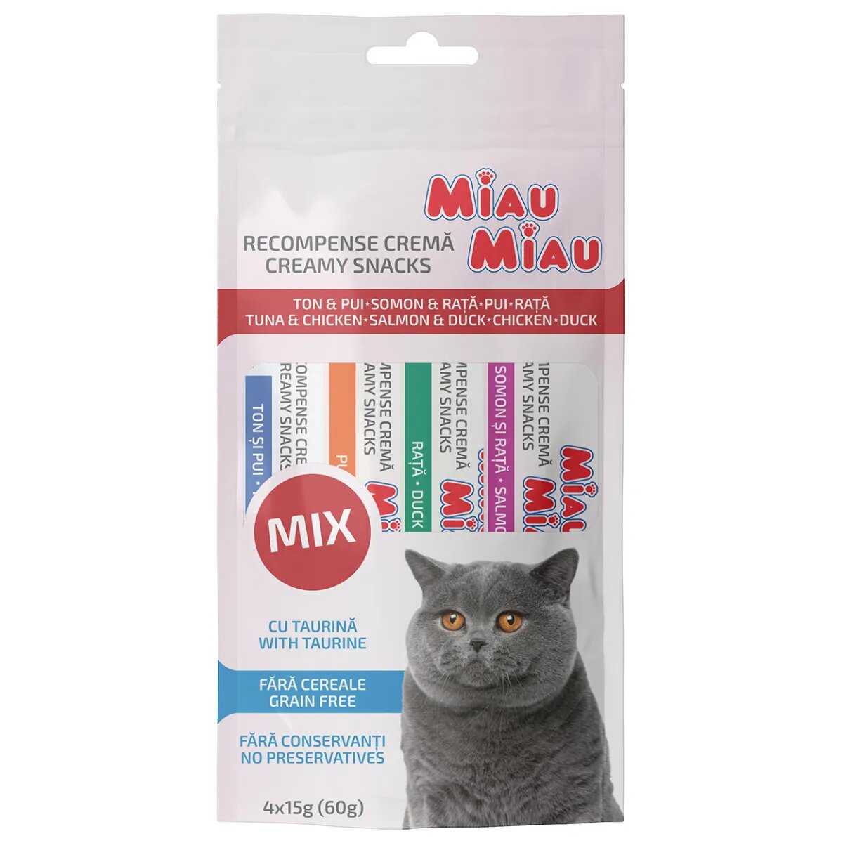 MIAU MIAU Creamy Snacks Mix Ton Pui Somon și Rață recompense fără cereale pisici (piure) 60g