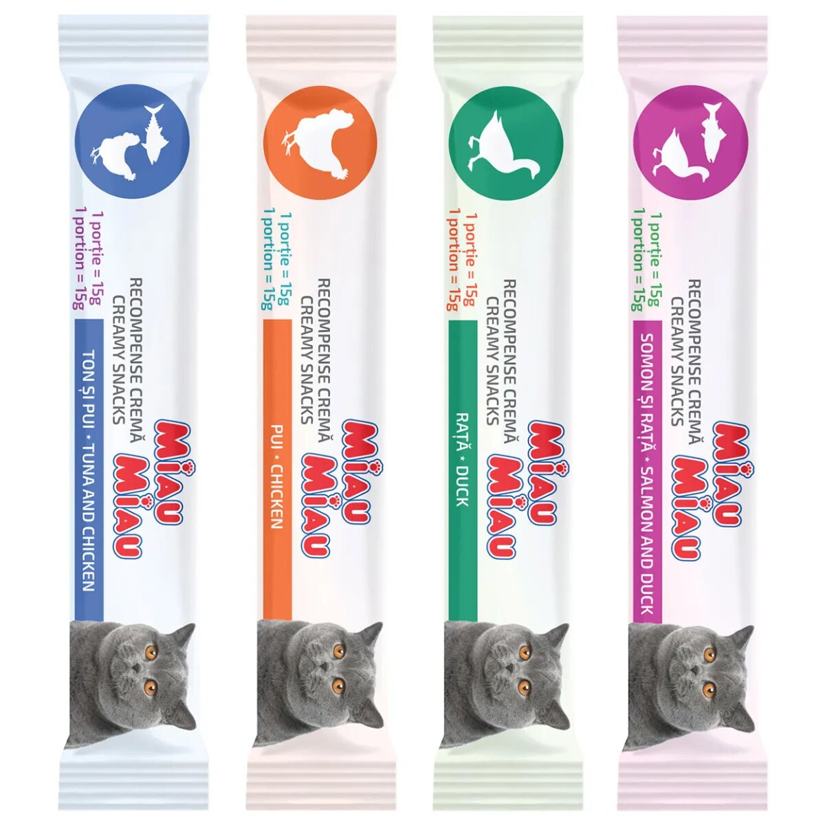 MIAU MIAU Creamy Snacks Mix Ton Pui Somon și Rață recompense fără cereale pisici (piure) 60g