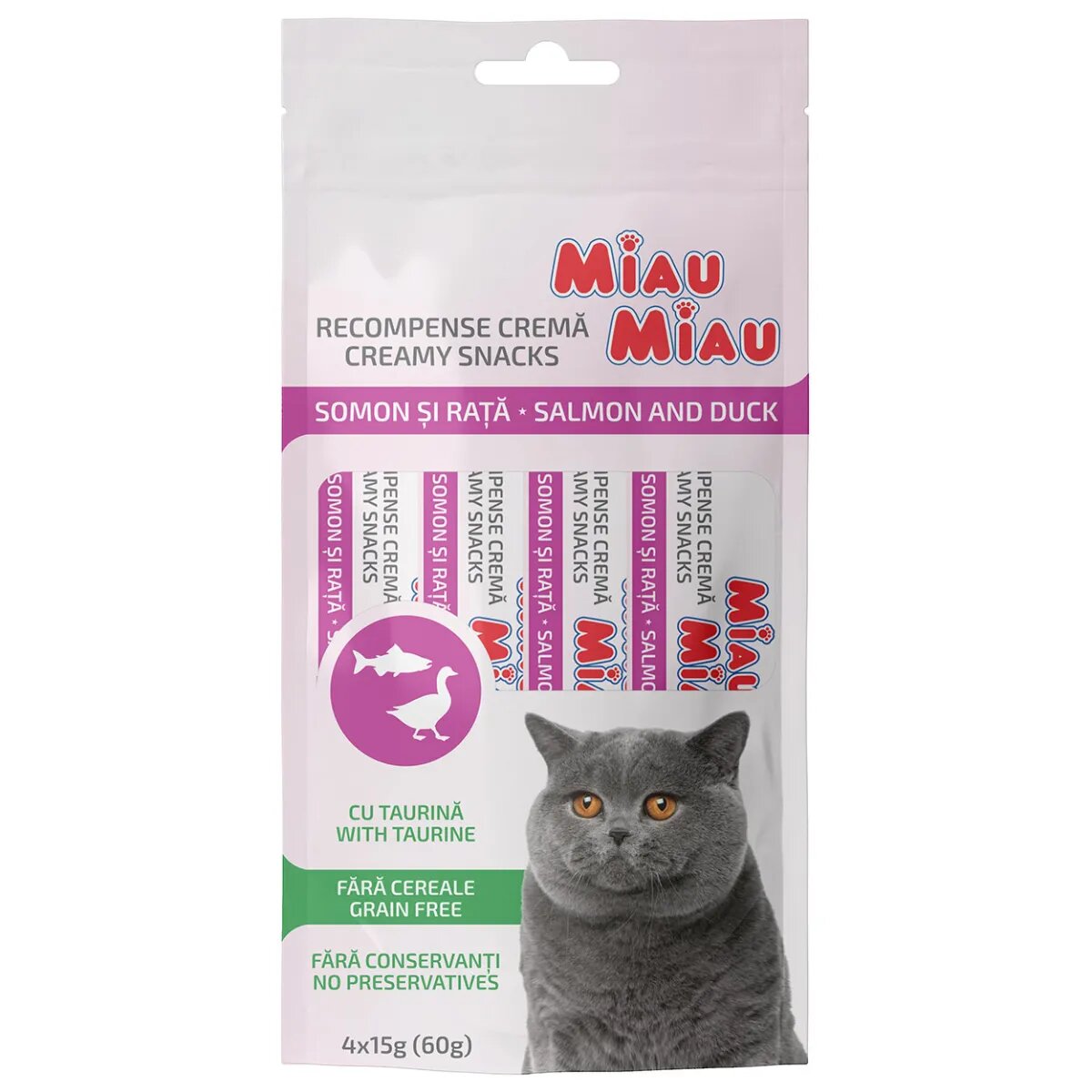 MIAU MIAU Creamy Snacks Somon și Rață recompense fără cereale pisici (piure) 60g