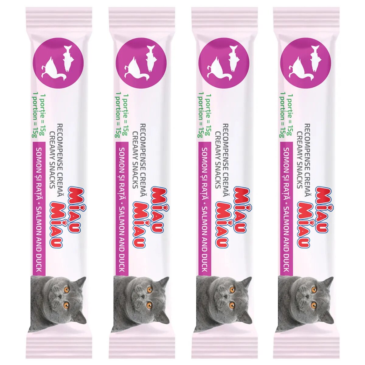 MIAU MIAU Creamy Snacks Somon și Rață recompense fără cereale pisici (piure) 60g