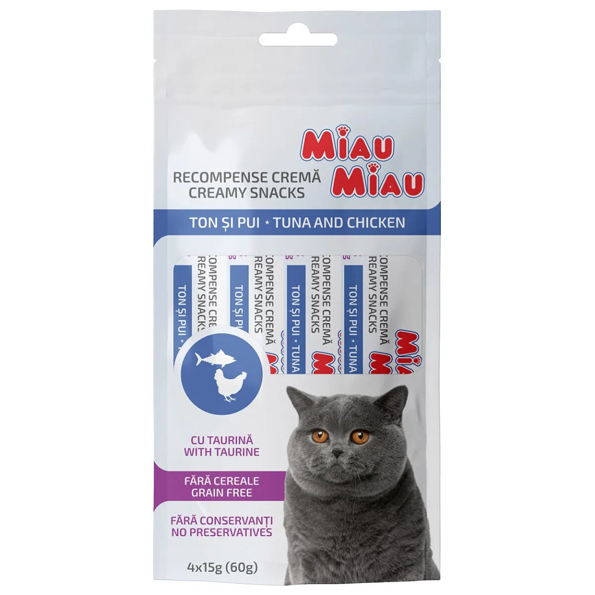 MIAU MIAU Creamy Snacks Ton și Pui recompense fără cereale pisici (piure) 60g