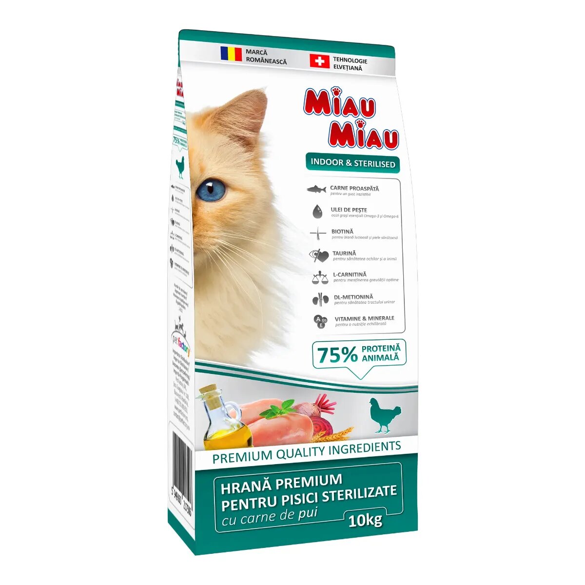 MIAU MIAU Indoor & Sterilised Pui hrană uscată pisici sterilizate 10kg