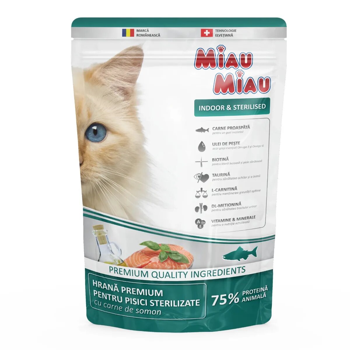 MIAU MIAU Indoor & Sterilised Somon hrană uscată pisici sterilizate 800g