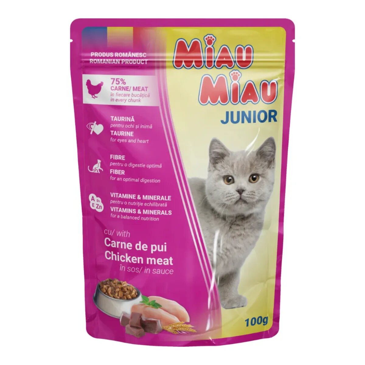 MIAU MIAU Kitten Pui plic hrană umedă pisici junior (în sos) 100g