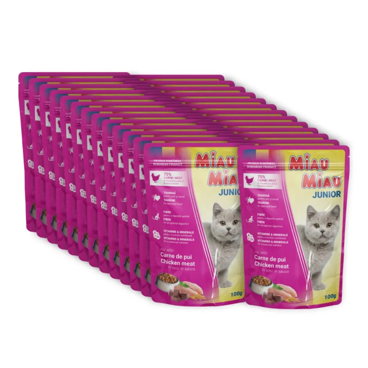 MIAU MIAU Kitten Pui plic hrană umedă pisici junior (în sos) bax 100g x 24buc