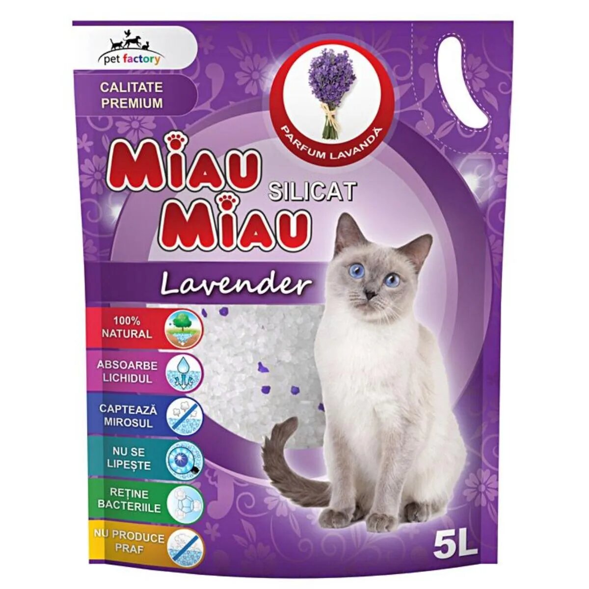 MIAU MIAU Lavanda așternut igienic pisici granule silicat neaglomerant neutralizare mirosuri 5l
