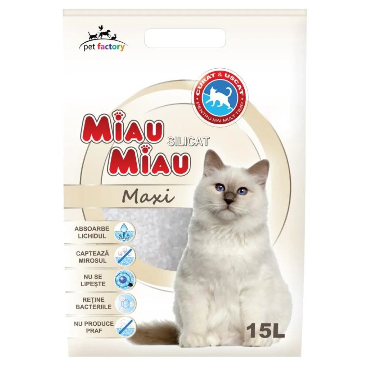MIAU MIAU Maxi neparfumat așternut igienic pisici granule silicat neaglomerant neutralizare mirosuri 15l